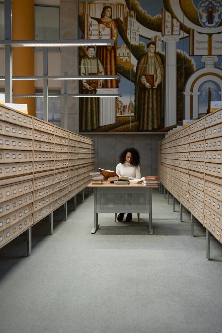 A focused university student with headphones on, writing in a notebook at a large library table.